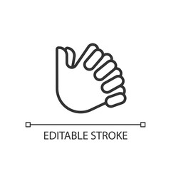 Clasped hands pixel perfect linear icon. Crossed fingers. Body language signal. Closed pose. Thin line illustration. Contour symbol. Vector outline drawing. Editable stroke. Arial font used