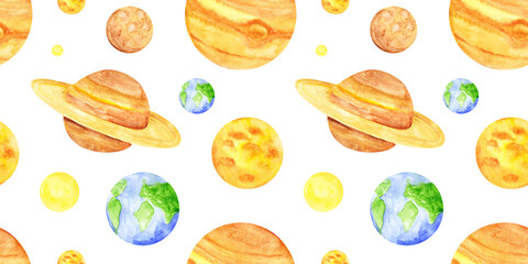 Watercolor space illustration on a white background. Planets of the solar system, rockets, a comet, a Sun, ufo, and stars clipart. Hand-drawn Saturn, Earth, Jupiter, Moon, Mars, Venus, and spaceship.