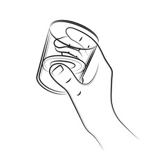 Male hand in realistic gesture holding glass of whiskey, close-up. Drink portion of aged alcohol. Glass with strong drink. Cheers toast. Alcohol drink for luxury celebration. Sketch, linear drawing