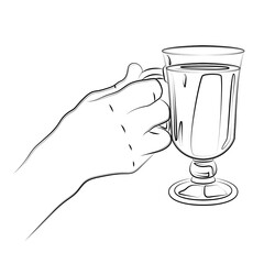 Hand holds glass of mulled wine. Traditional hot winter drink in glass goblet. Christmas alcohol warming drink with spices. Use for print, postcard, menu, label, poster. Sketch, linear contour drawing