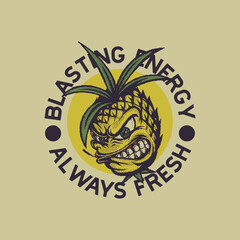 Fototapeta premium Cartoon emblem of fierce face pineapple fruit with retro style