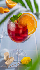 Tinto de Verano or vino de verano, Red wine Spanish cocktail with orange. Refreshment acoholic drink sangria. Summer Cool iced alcohol beverage
