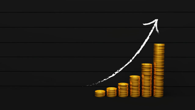 Coin stack bar chart with arrow showing growth, investment, compound interest over time. 3D illustration render.
