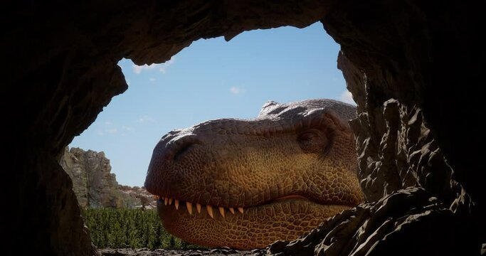 Rex Tyrannosaurus, dinosaur peeks into a cave in search of food. T-rex on the hunt. 3D rendering.
