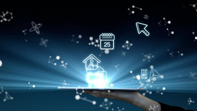 Animation of molecular structures and icons over hand holding digital tablet against blue background