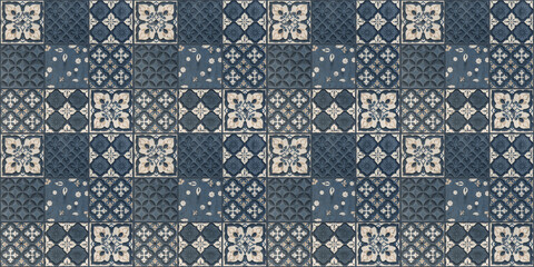 Old beige blue seamless flowers leaves vintage geometric shabby mosaic ornate patchwork motif...