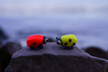 Naklejka premium Two ladybugs on a sunset background. A couple in love. Romantic mood. Looking at each other.