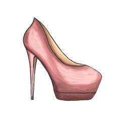 Women's pink shoe. Isolated on a white background. Vector stock illustration.