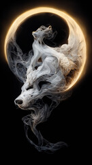 Wolf head blending with smoke, divine halo, beautiful abstract illustration background.