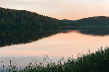 Panoramic view of forest lake in the evening fog reflecting in water. Summer travel vibes. Orange pink sundown. Natural background. An ideal backdrop for ecological design projects