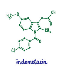 Indometacin hand drawn vector formula chemical structure lettering blue green