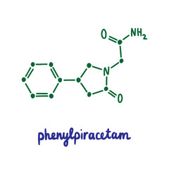 Phenylpiracetam hand drawn vector formula chemical structure lettering blue green