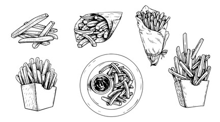 Hand drawn sketch french fries set. Fast food illustrations. Bunch, paper box and top view with sauce. Best for menu designs and packages. Vector collection.
