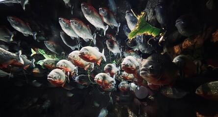 A school of piranhas in dark water