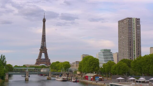 Summer weather in Paris, France. Famous Eiffel Tower in Paris Cityscape. Video filmed on blackmagic camera 6K