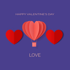Love. Happy valentines day. Vector red greeting paper valentine in the shape of a three hearts on a blue background. Sweetheart origami silhouette hot air balloon. Love icons