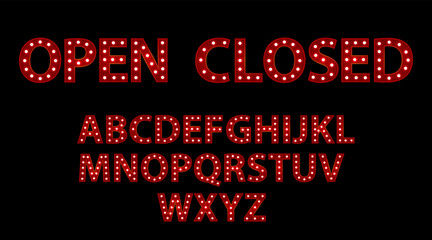 Open closed. Red letters with luminous glowing lightbulbs. Vector typography words design. Template type font for poster.