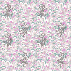 Hand drawn waves, doodle abstract seamless pattern with line flowers. Cute pink wallpaper for paper, fabric textile, bedroom, baby.