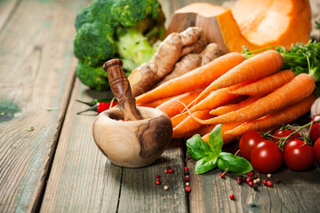 Healthy food cooking background. Vegetable ingredients copy space