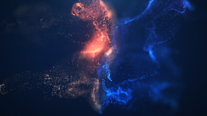 Blue and golden fluid particles collision background. Digital data flow. Creative abstract background. Seamless loop
