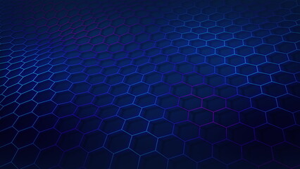 Technological grid of hexagons on a blue background. Glowing blue purple gradient color hex wireframe. Seamless looping animation.