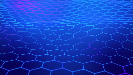 Fototapeta na wymiar Technological grid of hexagons on a blue background. Glowing blue purple gradient color hex wireframe. Seamless looping animation.