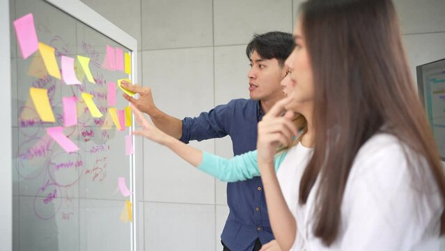 Young asian entrepreneur startup meeting in office for discuss new business model for next project on scrum board and move sticky note. Concept of partnership, business corporation, teamwork