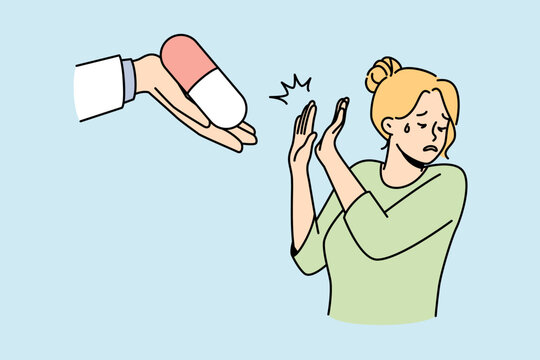 Unhappy woman refuse taking medication offered by doctor. Anxious frustrated girl reject medicine or pills from medical prescription. Vector illustration. 