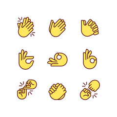 Fototapeta premium Gestures and communication pixel perfect RGB color icons set. Non verbal signals. Body expression. Isolated vector illustrations. Simple filled line drawings collection. Editable stroke