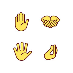 Fototapeta premium Conveying information by gestures pixel perfect RGB color icons set. Communication system. Hand positions. Isolated vector illustrations. Simple filled line drawings collection. Editable stroke