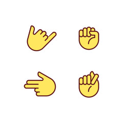 Friendly and aggressive gestures pixel perfect RGB color icons set. Hand positions. Body language. Isolated vector illustrations. Simple filled line drawings collection. Editable stroke