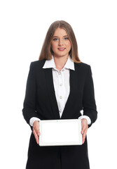 Fototapeta premium Portrait of young hostess in uniform on white background