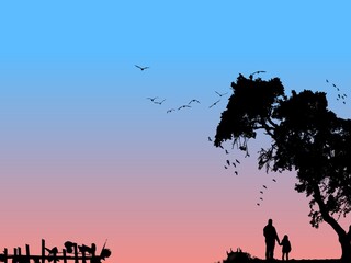 background color gradation, with silhouette motifs of trees, birds, and people