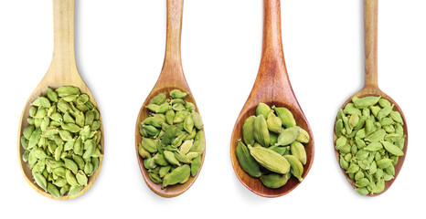 Set with cardamom seeds on white background, top view. Banner design