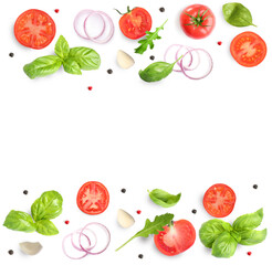 Fresh ripe tomatoes with garlic, onion, basil, arugula and peppercorns on white background, top view