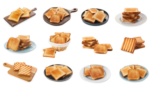 Set with tasty toasted bread on white background