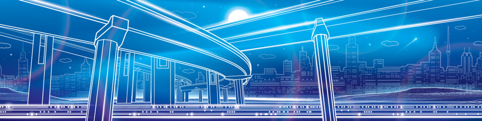 Neon glow city illustration. Transportation overpass bridge, urban infrastructure panorama, modern town at background, vector design art