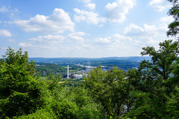 View of the Ruhr area from the Ruhr steep slopes of Hohensyburg and Hagen. landscape on the Ruhr.
