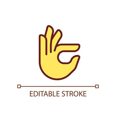 Fingers holding small item pixel perfect RGB color icon. Hand gesture. Interaction process. Isolated vector illustration. Simple filled line drawing. Editable stroke. Arial font used