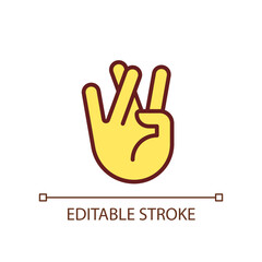Praying for good luck pixel perfect RGB color icon. Crossed ring and middle fingers. Hand gesture. Isolated vector illustration. Simple filled line drawing. Editable stroke. Arial font used