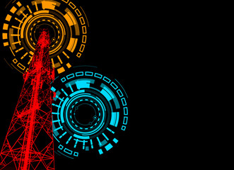 Drawing of Communication or Telecommunication Towers and Satellite Signal Transmitters. Television and Radio Waves Broadcasting concept, 5G concept.