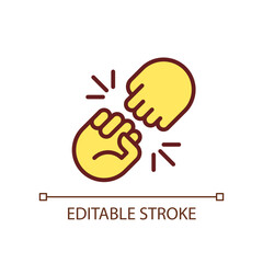 Fist bump pixel perfect RGB color icon. Funny greeting gesture. Communication. Body language. Isolated vector illustration. Simple filled line drawing. Editable stroke. Arial font used