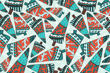 Hygge Christmas Tree Vector Seamless Pattern. Red and cyan Winter holiday repeated illustration for new year design, x-mas banner, hygge poster, sticker. EPS10