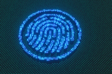 Thumb icon on neon glowing binary number background. Illustration of digital fingerprint or footprint, browser cookie tracking and online data privacy