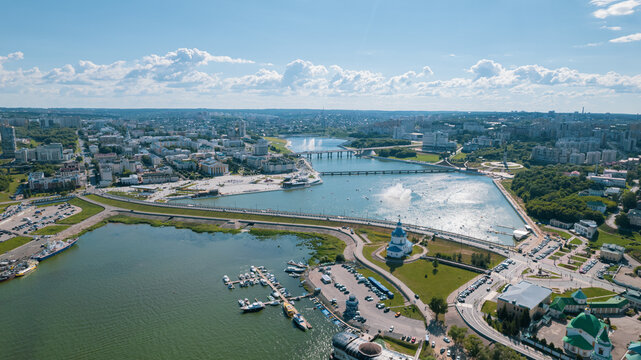 Scenic aerial view of Cheboksary, capital city of Chuvashia, Russia and a port on the Volga River on sunny summer day.