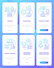 Naklejka premium Types of trends blue gradient onboarding mobile app screen set. Trading walkthrough 3 steps graphic instructions with linear concepts. UI, UX, GUI template. Myriad Pro-Bold, Regular fonts used