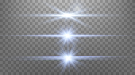Blue horizontal lens flares set. Isolated on transparent background. Sun flash with rays or spotlight and bokeh. Blue glow flare light effect. Vector illustration.