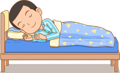 Cartoon boy sleeping in bed.