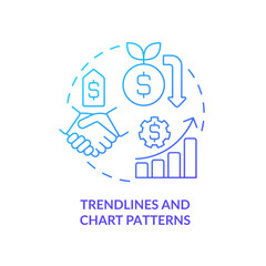 Trendlines and chart patterns blue gradient concept icon. Analysing data. Trend trading strategy abstract idea thin line illustration. Isolated outline drawing. Myriad Pro-Bold font used