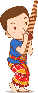 Cartoon character of boy playing Khaen instrument.